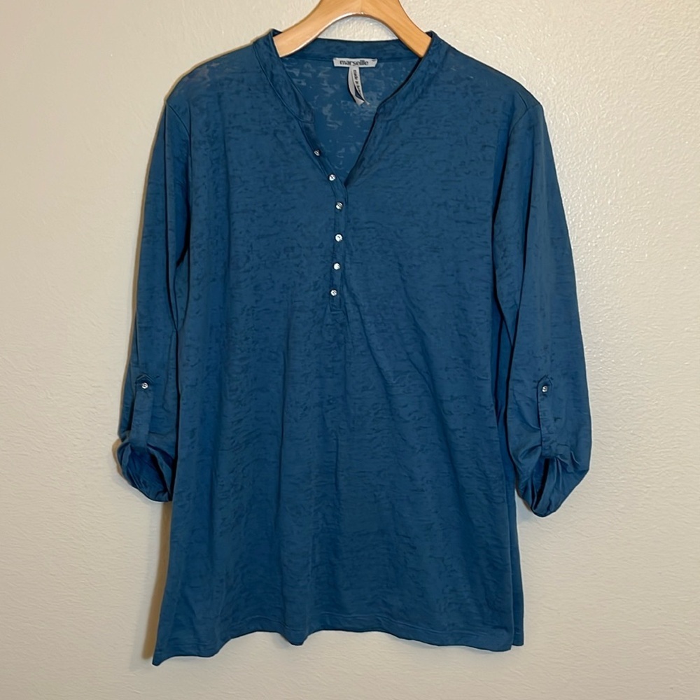 Marseille Blue Sheer Jewel Button Plus Size Shirt